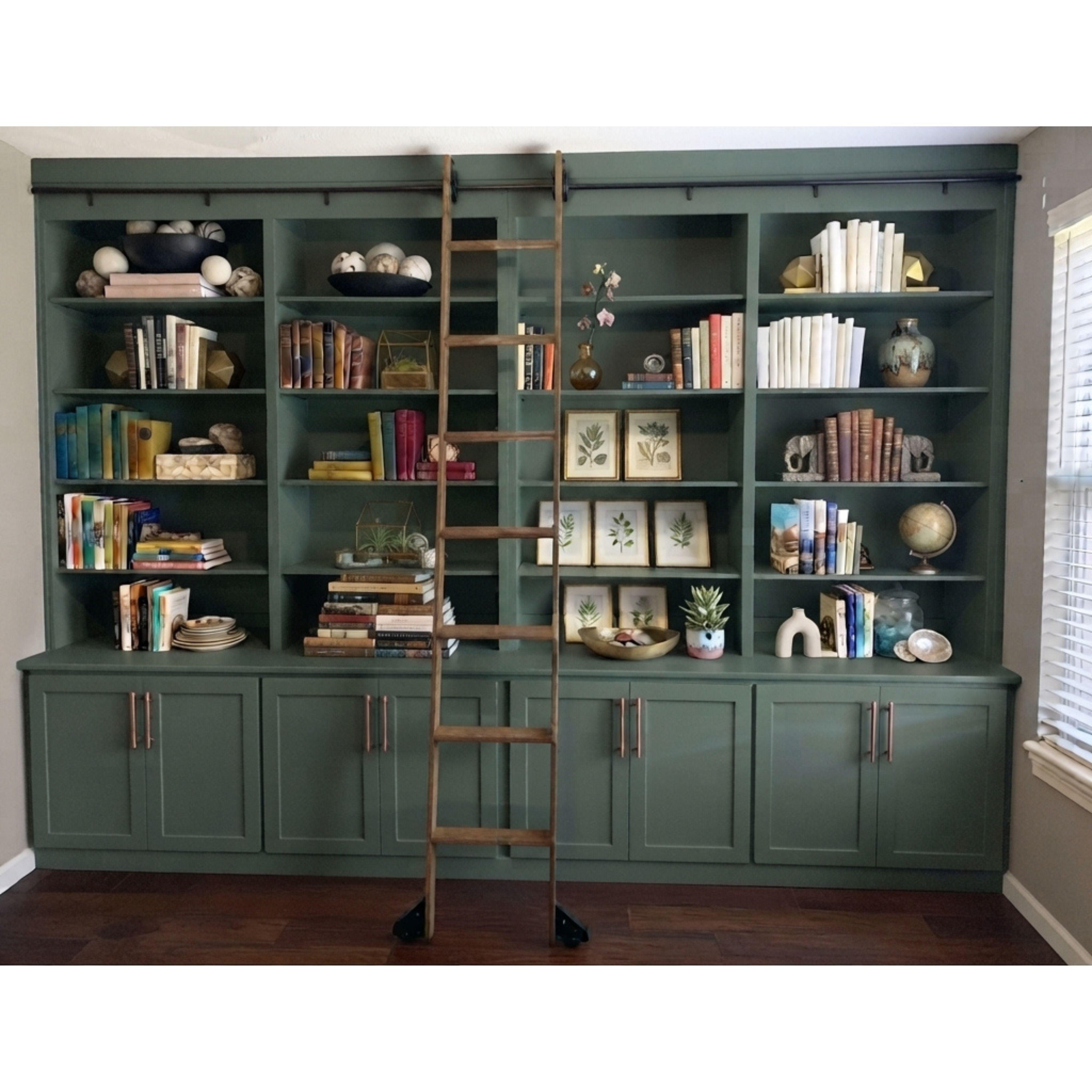 Custom Built-In Solid Wood Library Bookcase Unit with Ladder