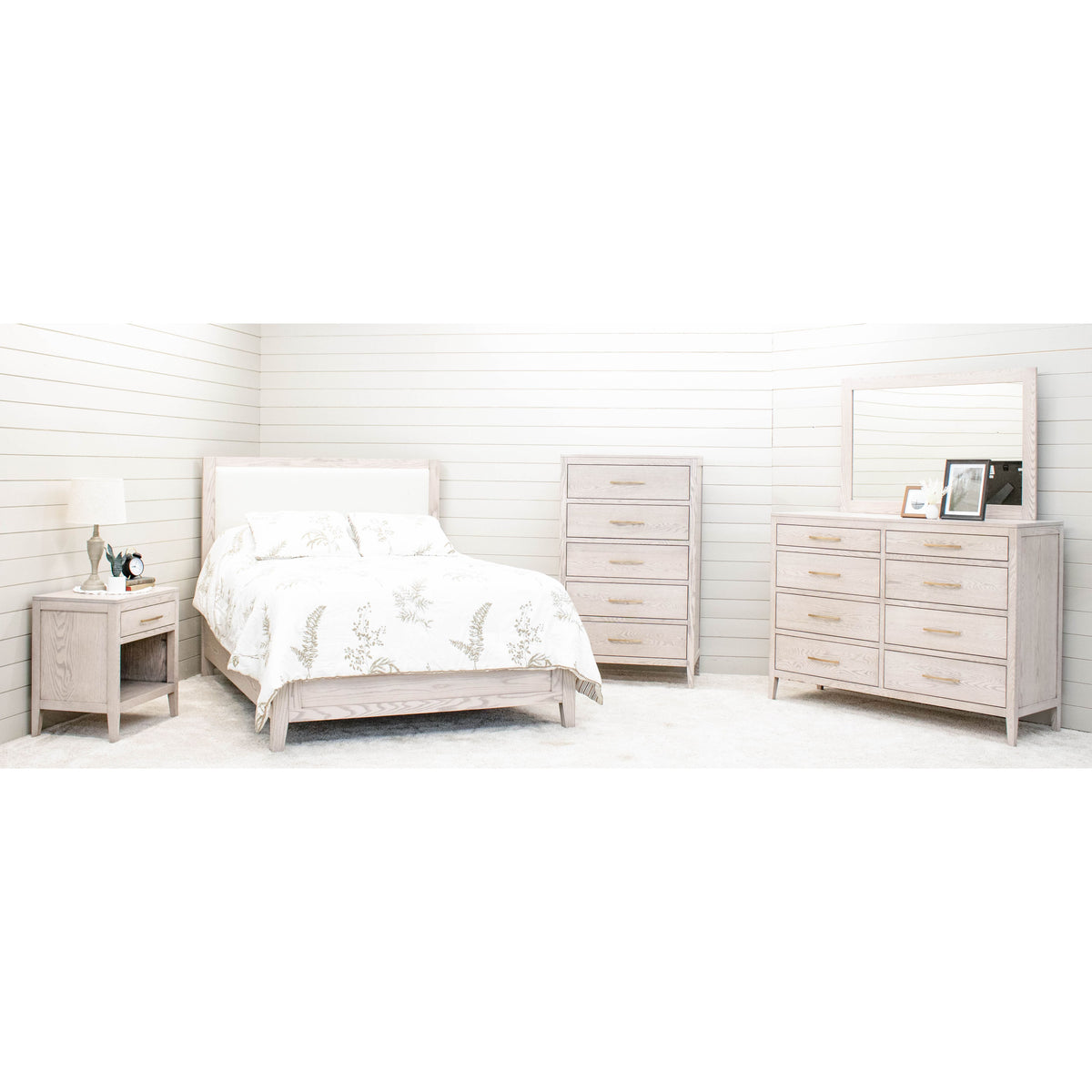 Hilton Full Oak Wood Bed with Upholstered Headboard | SS