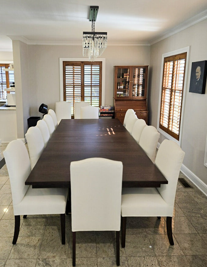 Custom Dark Stained Solid Wood Dining Table for 12 with White Fabric chairs