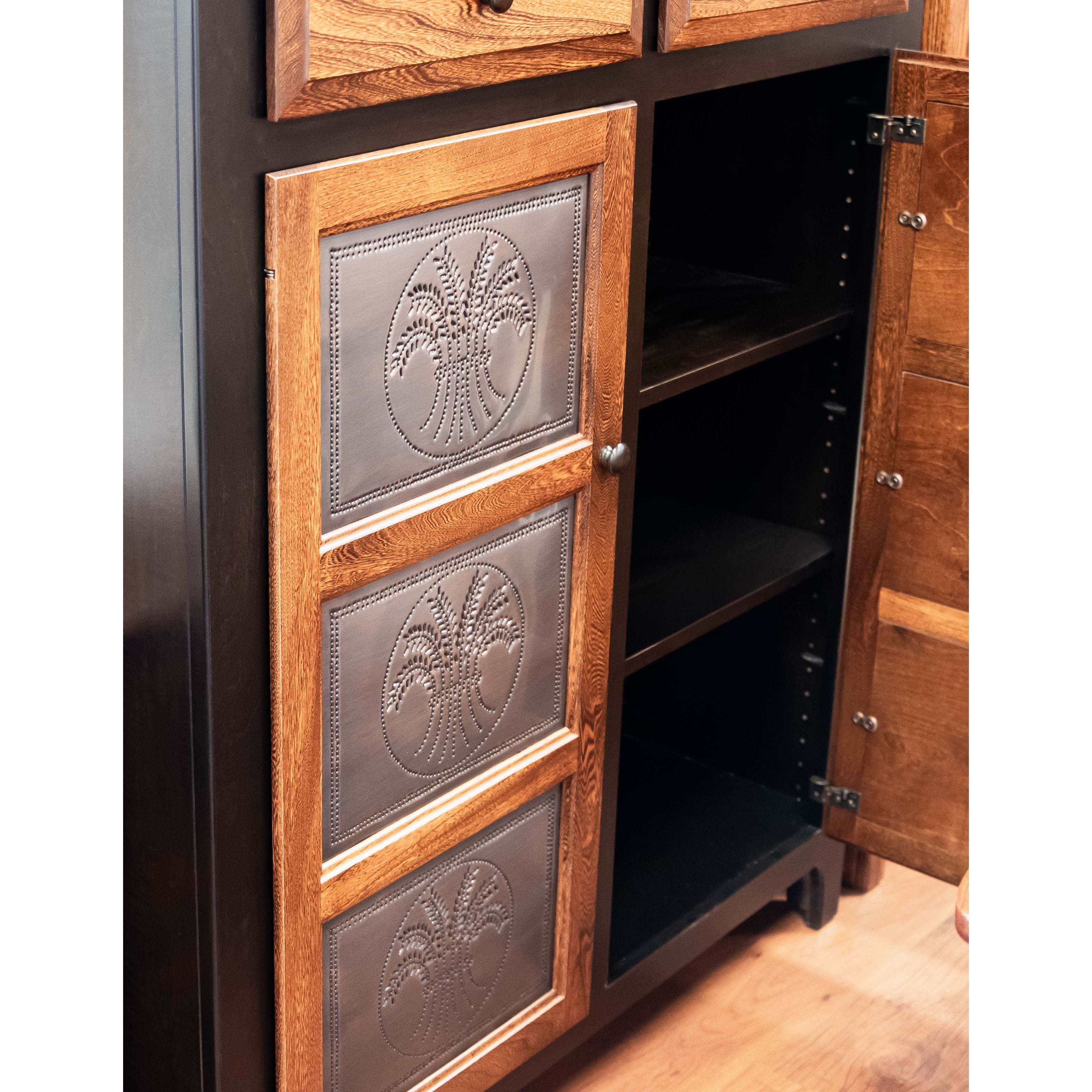 Double Door Black & Wood Pie Safe with Copper Wheat Tins | M-EB&E-MC