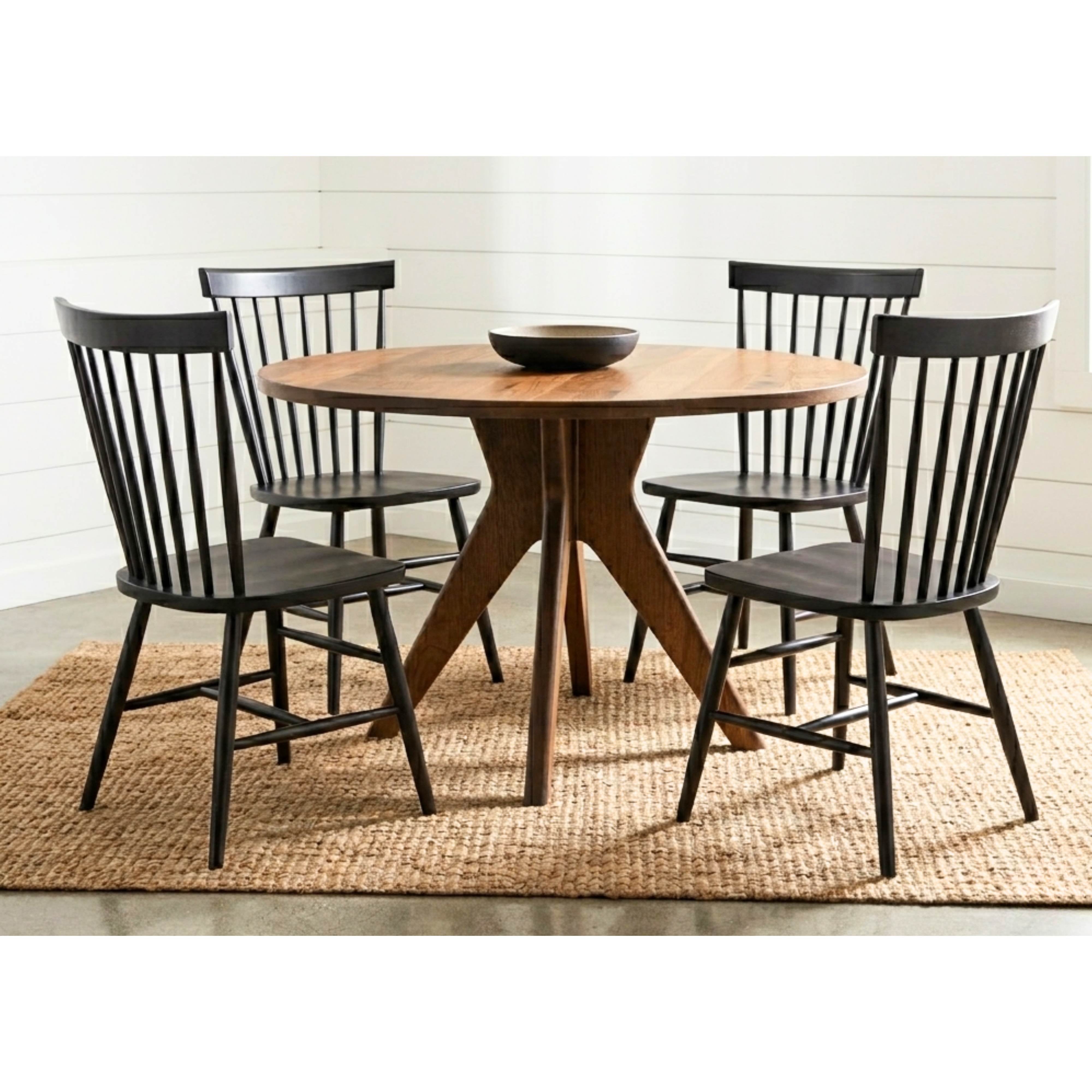 Mid Century Modern Round Wood Table Set with 4 Black Chairs
