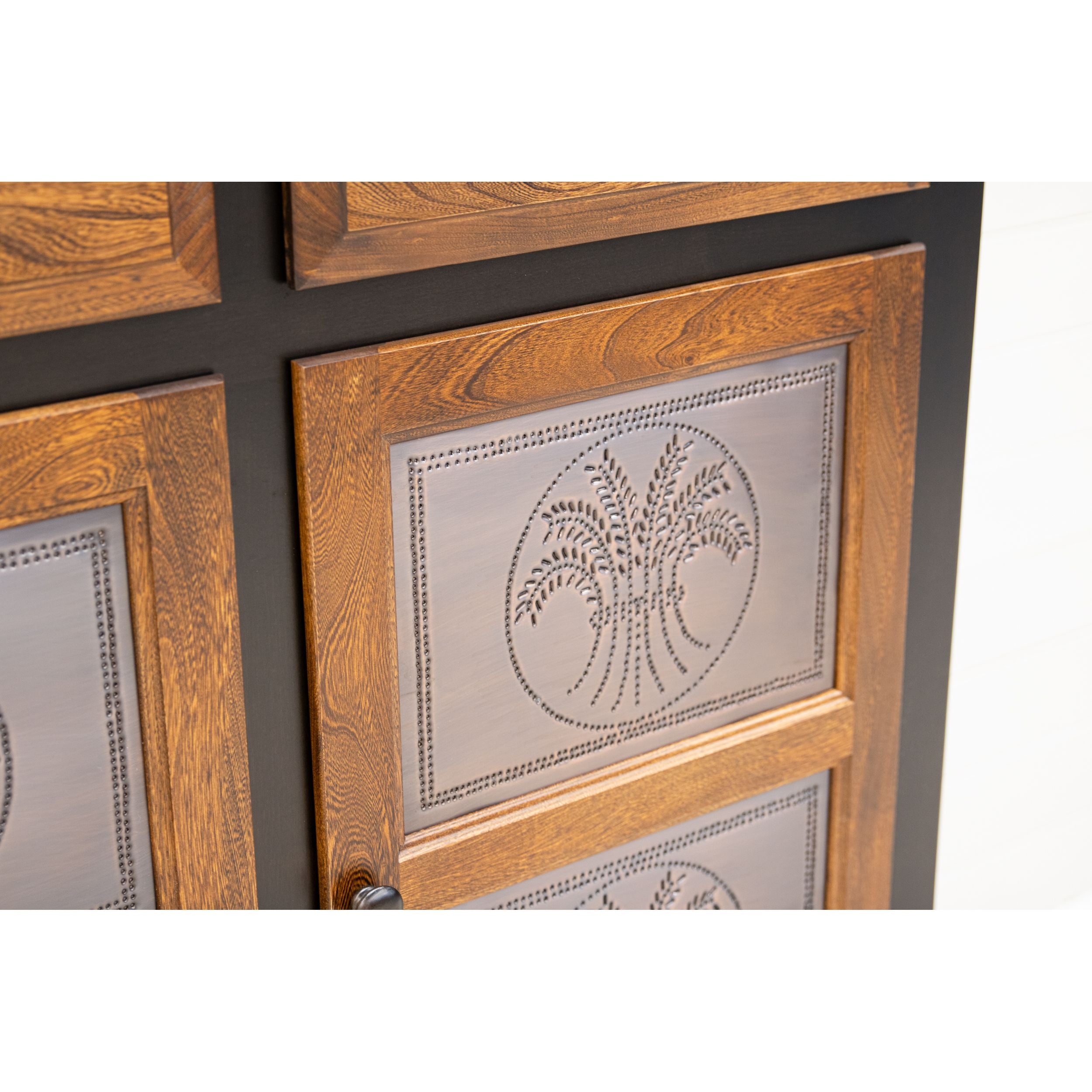 Double Door Black & Wood Pie Safe with Copper Wheat Tins