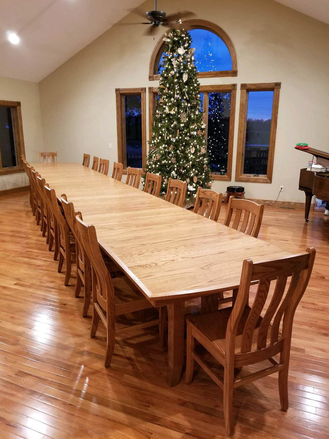 Extra Large Oak Trestle Table with 20 Wooden Fostoria Dining Chairs 