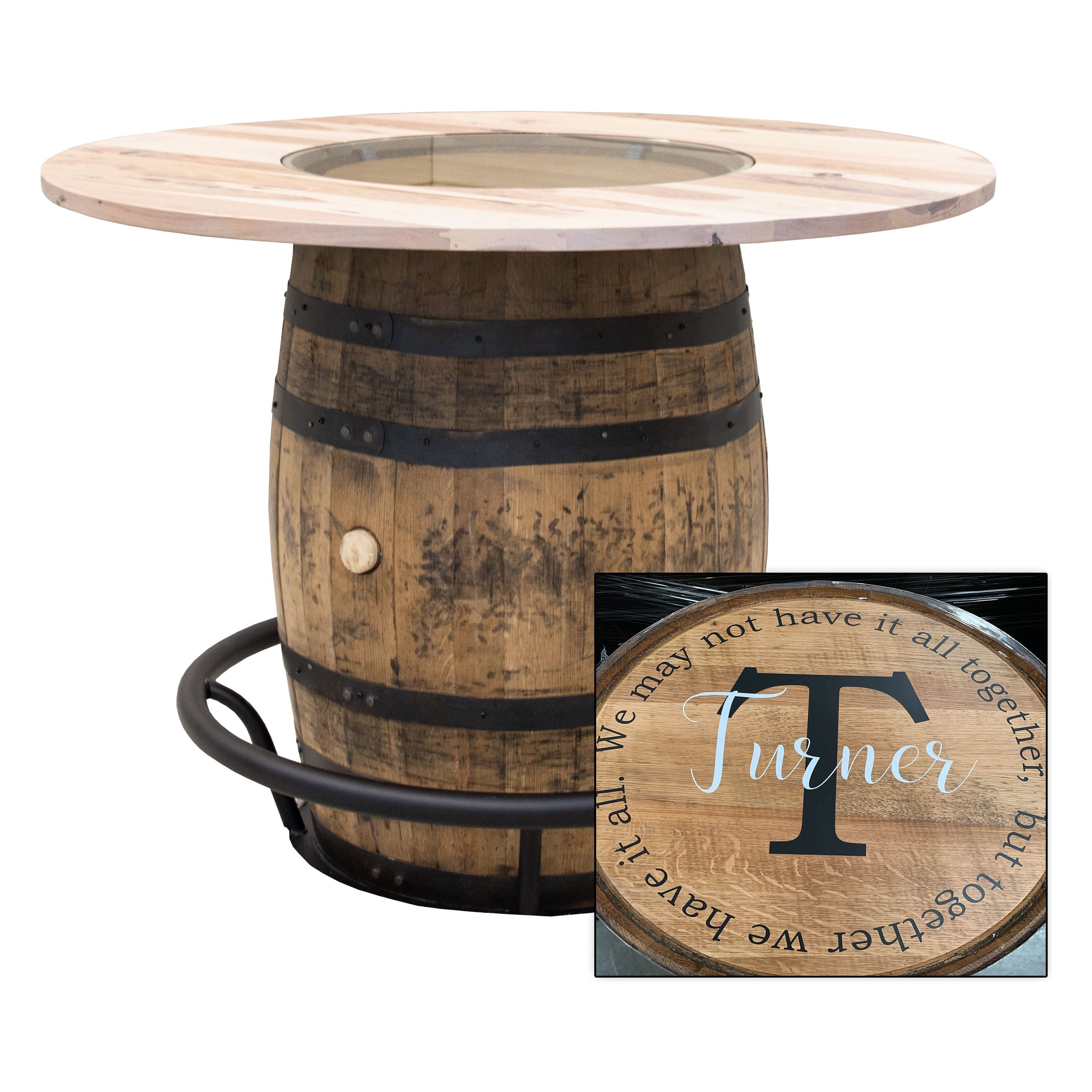 Round Whiskey Personalized Rustic Hickory Wood Single Barrel Pub Table | SW