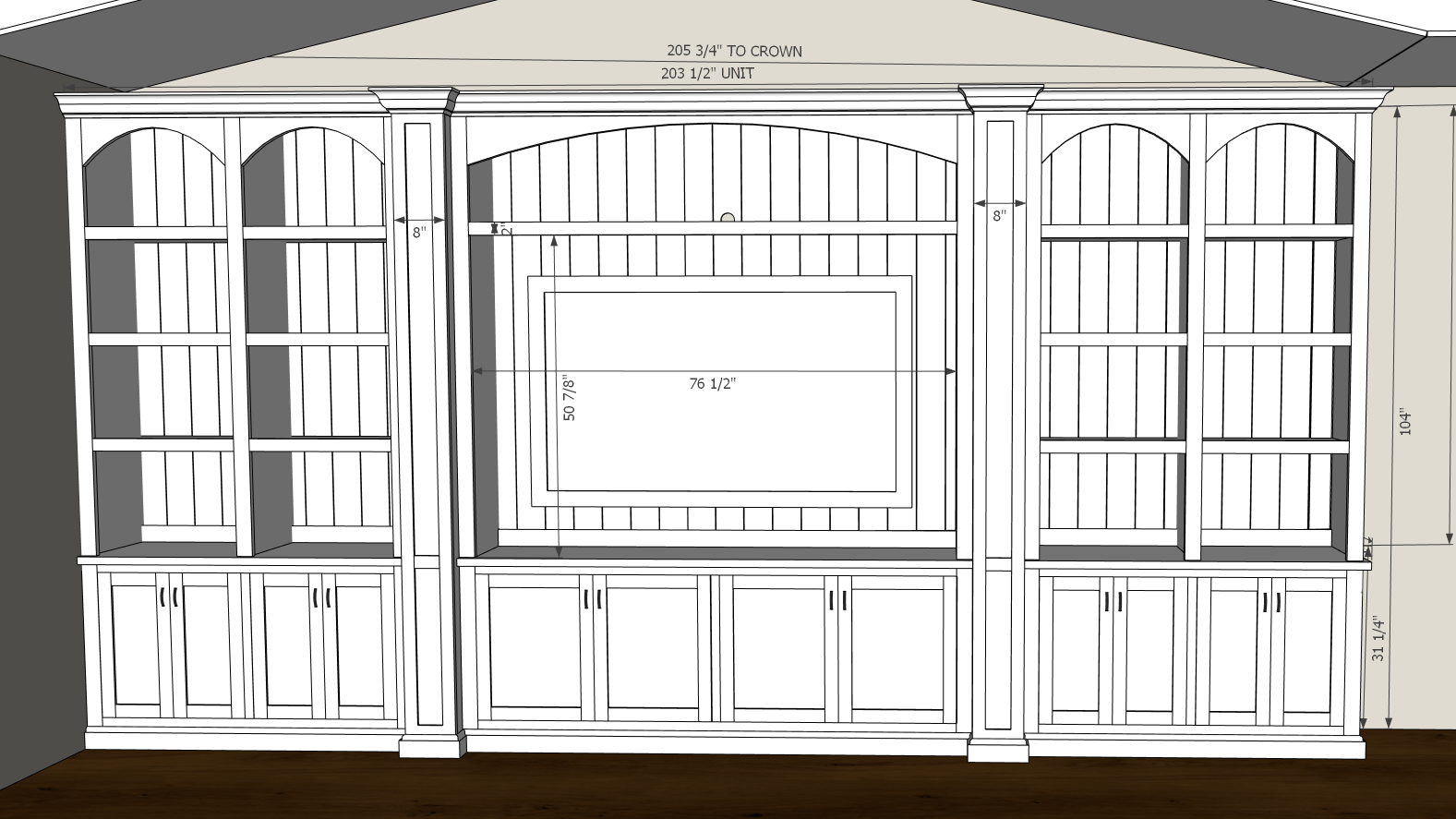 The final blueprint of a custom bookcase entertainment center shows dimensions and details.