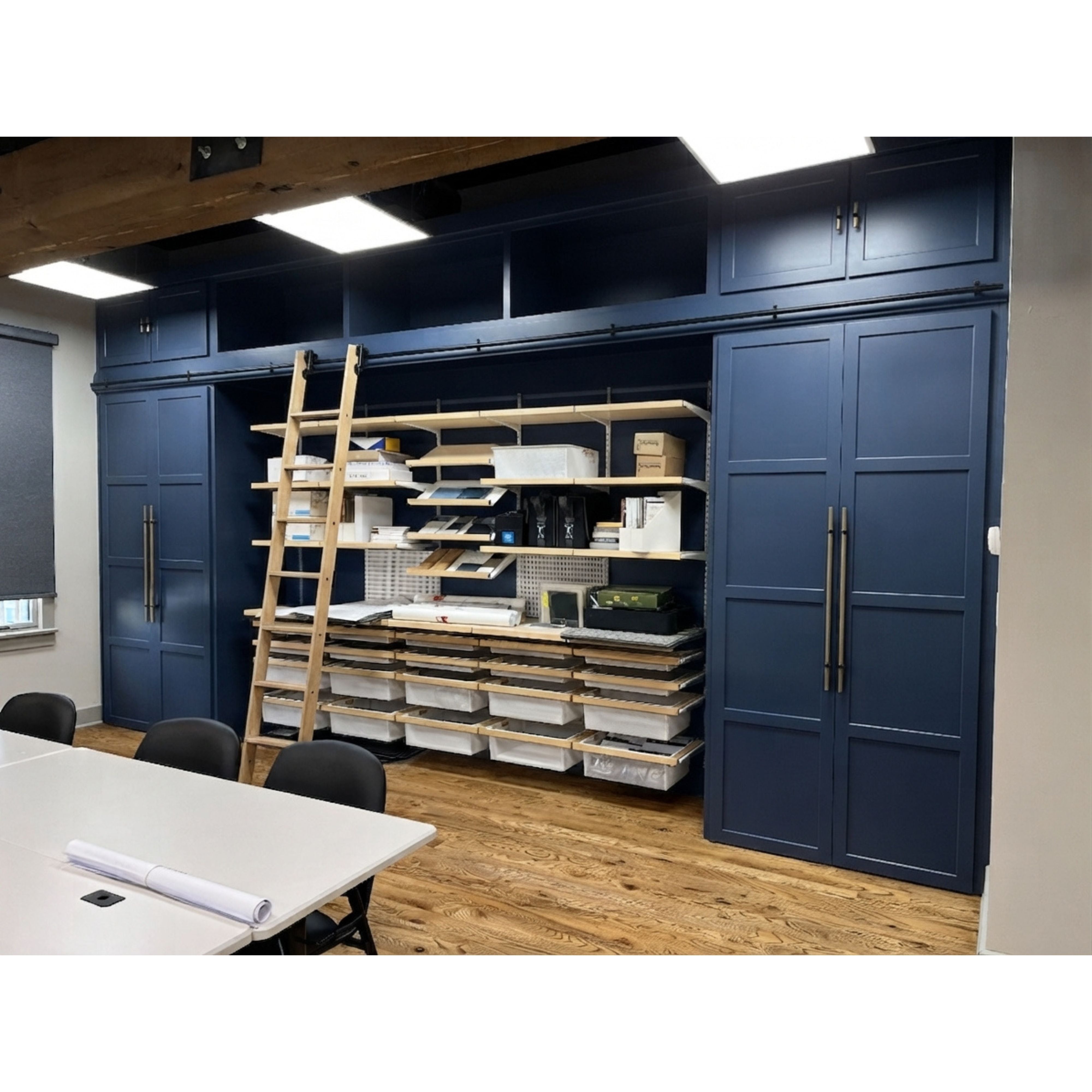 Custom Built-In Solid Wood Ladder Office Storage Wall Unit