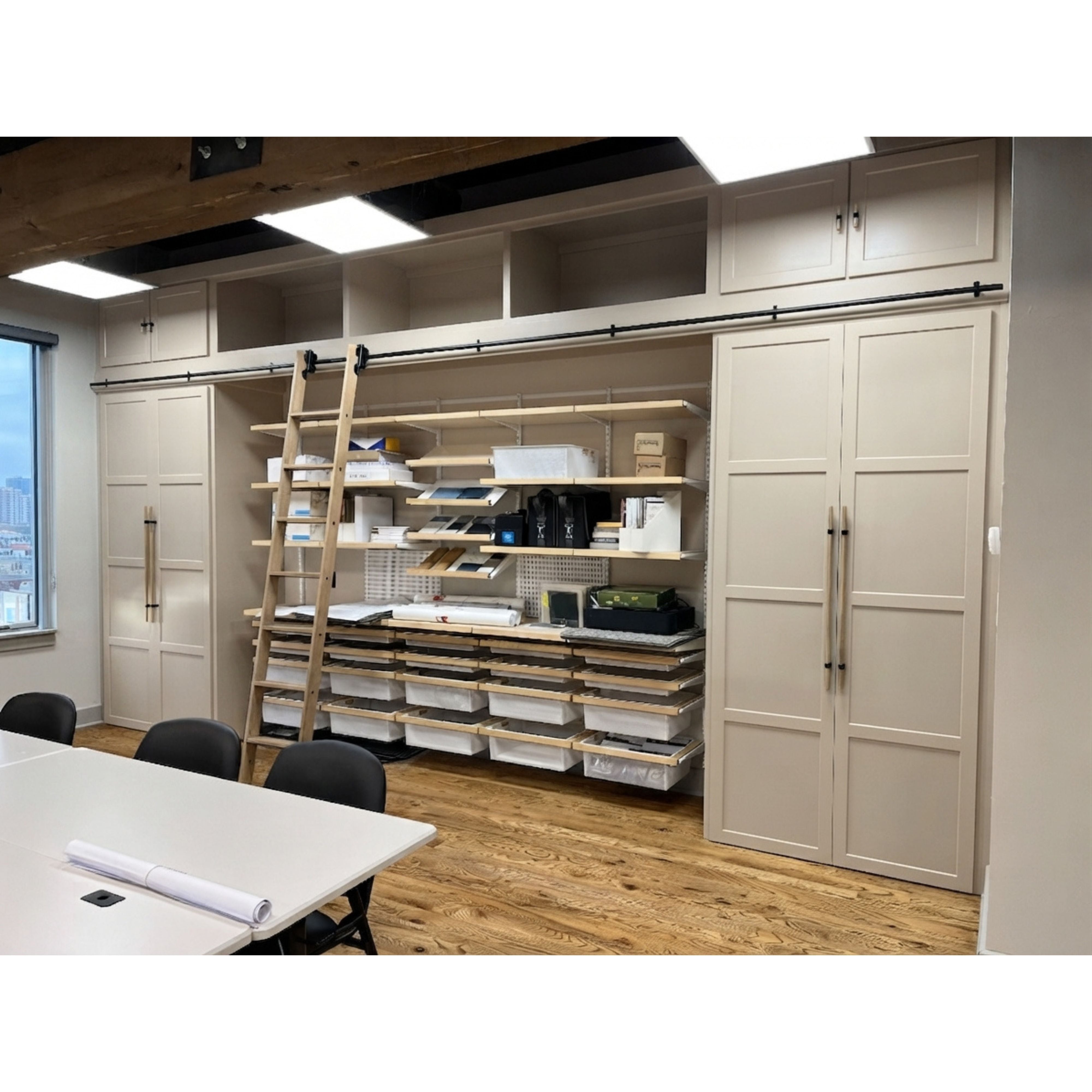 Custom Built-In Solid Wood Ladder Office Storage Wall Unit