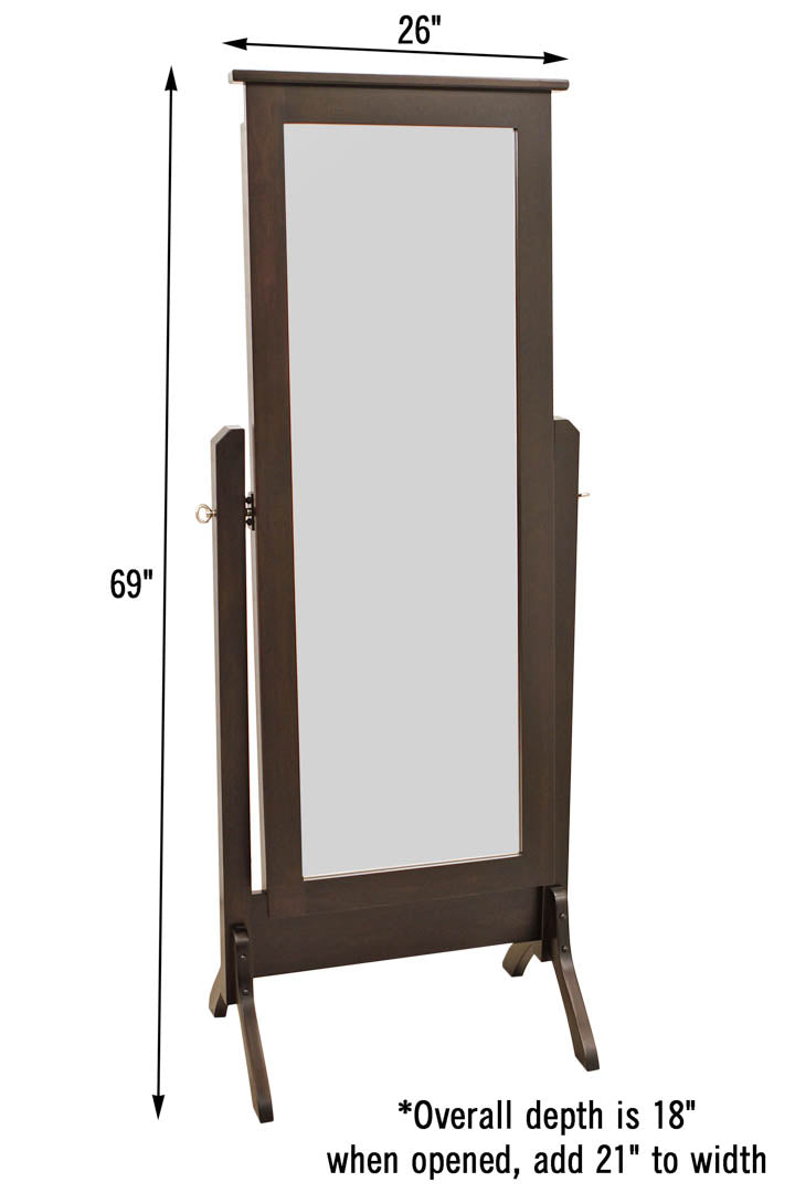 Shaker Solid Oak Wood Sliding Jewelry Cheval Mirror in Asbury Brown