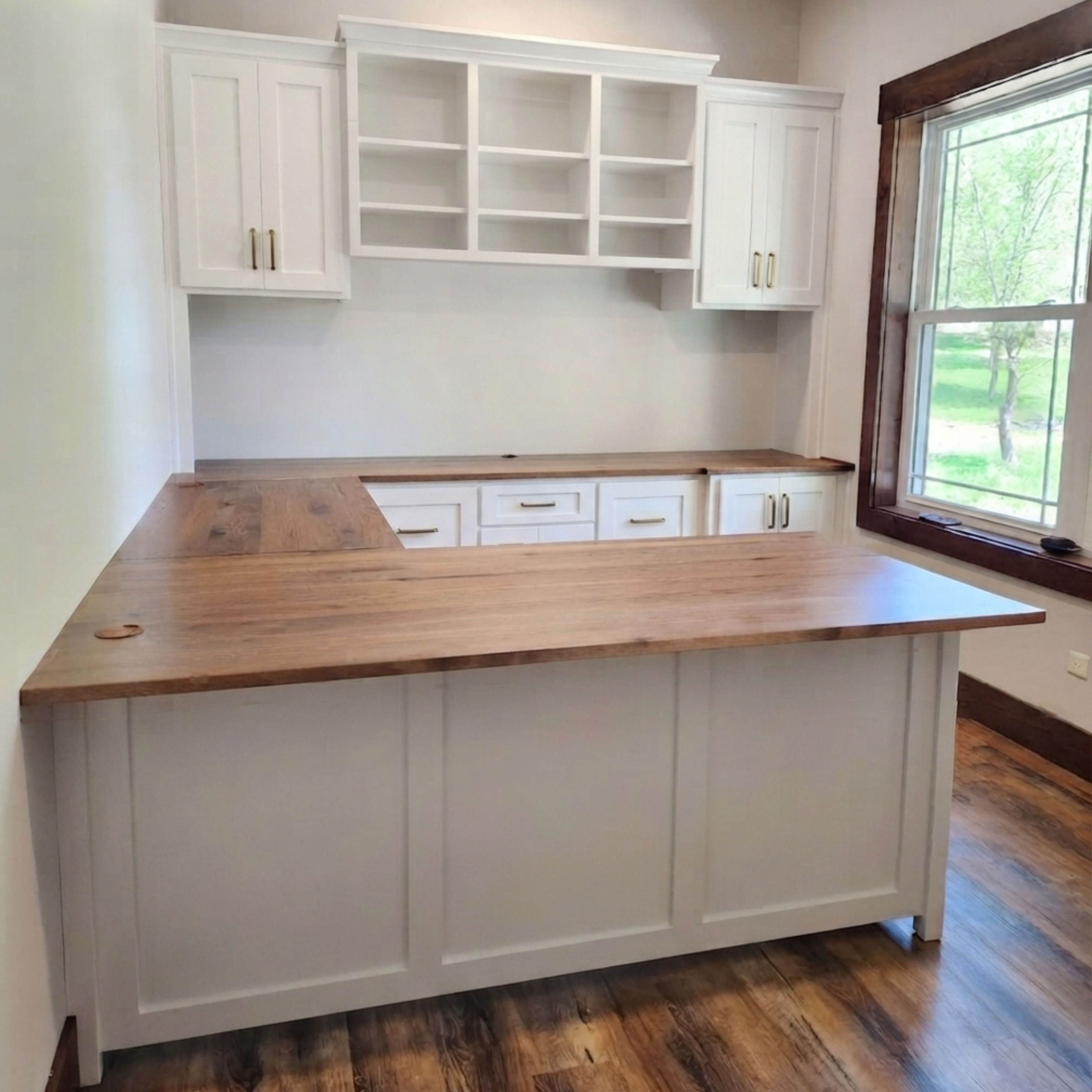Custom Built-In Rough Sawn U-Shaped Office Desk Unit