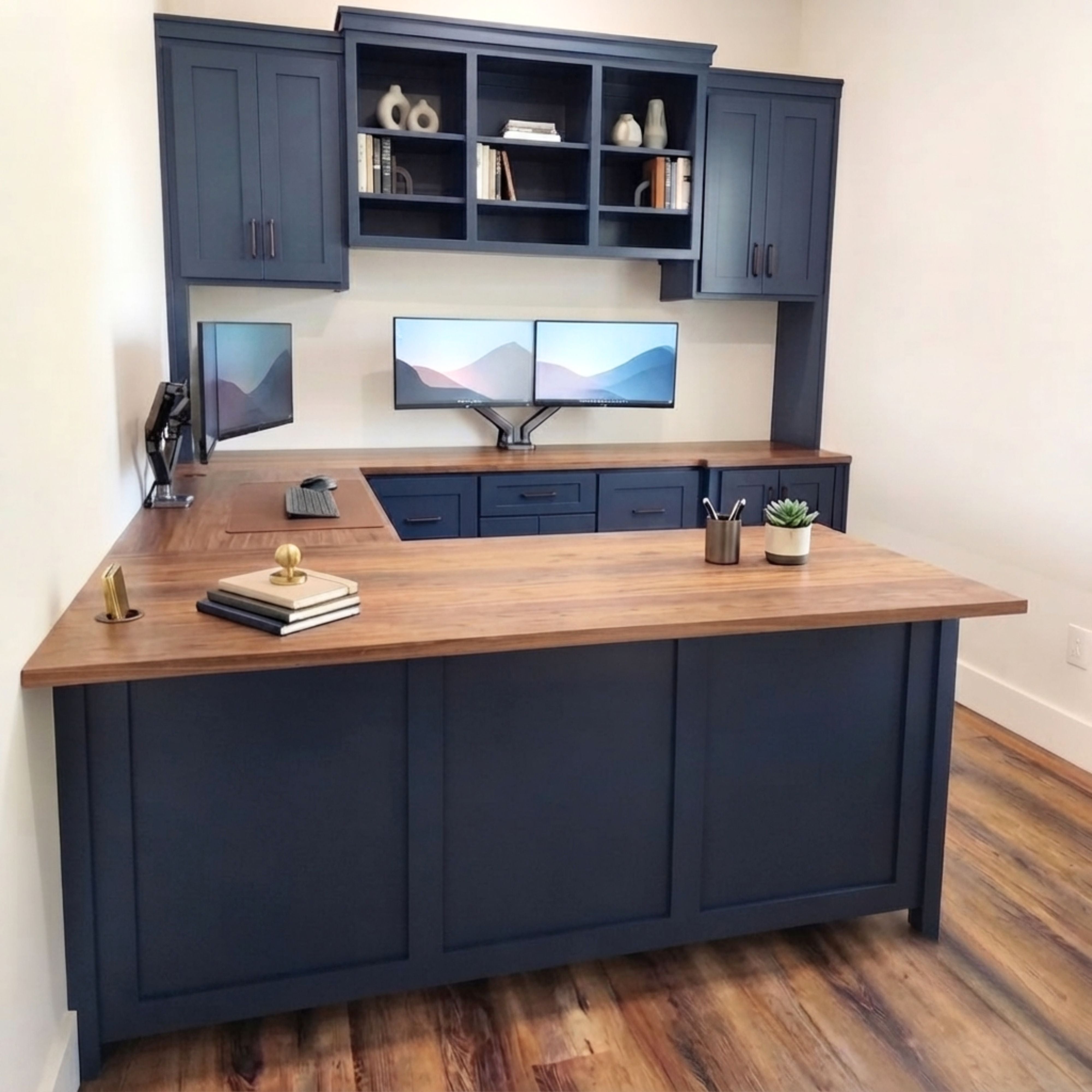 Custom Built-In Rough Sawn U-Shaped Office Desk Unit