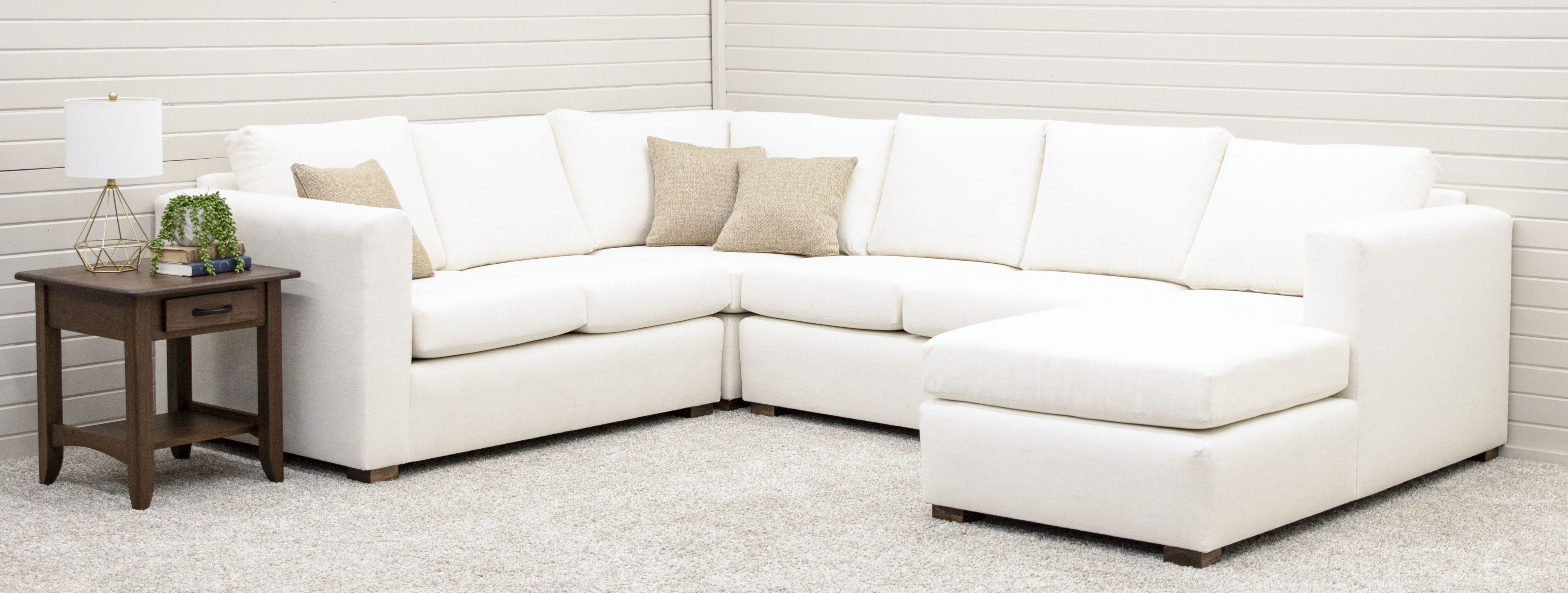 Modern Westbrook Sectional with Chaise in white fabric , handcrafted custom Amish upholstery