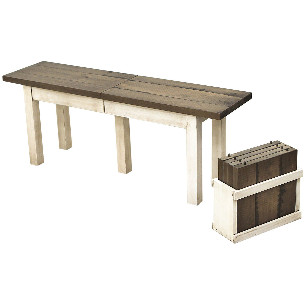 Straight Leg White & Wood Expandable Dining Bench in Solid Maple Wood